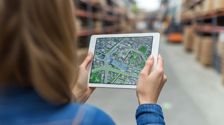 Warehouse Management Technology Woman Using Tablet with Inventory App in Distribution Centerの素材