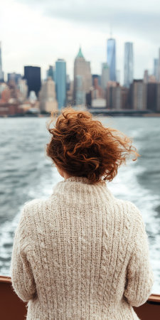 Woman with Red Hair in Cozy Sweater Exploring City Skyline, Freedom, Adventure, Travel Photographyの素材