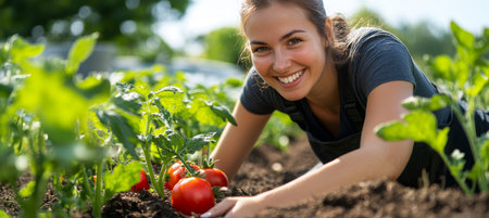 Young Woman with a Radiant Smile Tending to Her Flourishing Tomato Plants in a Sunny Gardenの素材