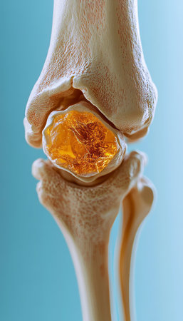 Human Knee Joint with Inflammation, Close-up Medical Illustration. Detailed Anatomy of Bonesの素材