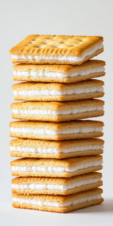 Isolated stack of square shortbread biscuits with a savory cream filling on a white background.の素材