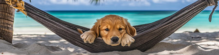 Golden Retriever Puppy Enjoys Tropical Paradise, Relaxing in a Beach Hammock on Vacationの素材