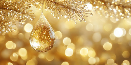 Golden Liquid Drop Ornament Hanging on a Glittering Branch with Sparkling Bokeh Backgroundの素材