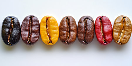 Roasted Coffee Beans Collection, Variety Of Colors And Textures, Close Up On White Backgroundの素材