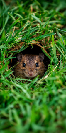 Closeup. A Mole Peeking Out Of Its Hole And Looking Around. Summer Sunny Day, Green Grass.の素材