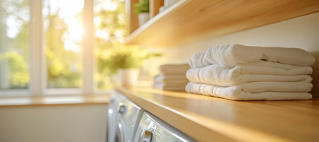 Modern Laundry Room Interior With A Washing Machine And Folded Clean Towels On Wooden Shelfの素材