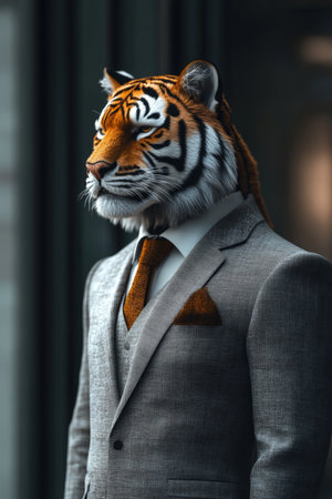 Stylish Tiger in Suit, Anthropomorphic Portrait, Powerfully Blending Animal and Human Traitsの素材