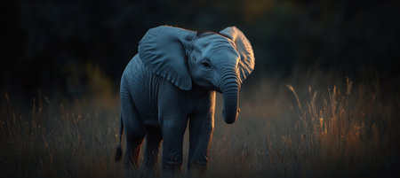 Baby Elephant in Golden Hour Light, Wildlife Photography, Elephant Calf, African Wildlifeの素材