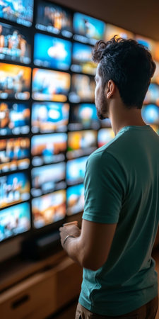 Multimedia Overload Man Absorbed by Multi-Screen Wall Displaying Diverse Digital Contentの素材