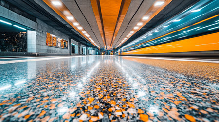 Vibrant Subway Platform With Waiting Train, Polished Floor Reflecting Overhead Lights At Night.の素材