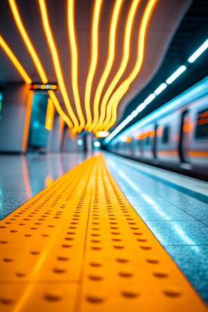 Subway Platform at Night with Glowing Lights and Polished Floor Reflecting Overhead Fluorescentsの素材