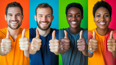 Diverse Individuals, Vibrant Colors, Thumbs Up A Celebration of Positivity and Unityの素材