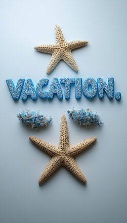 Vacation Text with Starfish and Blue Sand on White Background, Summer Holiday Conceptの素材