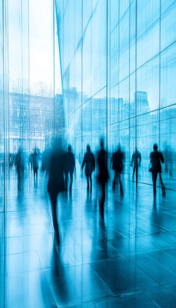 Rush Hour in the City Blurred Motion of Business Professionals, Modern Glass Architecture Backdropの素材