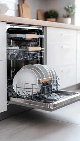 Modern Built-in Dishwasher With Open Door And Clean Plates, Kitchen Appliances Conceptの素材