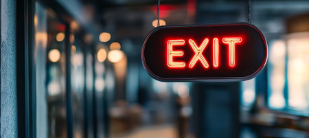 Red Oval Glowing Exit Sign Hanging Inside Commercial Building As Evacuation Route Guidanceの素材