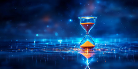 Hourglass with Orange Sand and Dark Night Sky with Twinkling Stars and Bokeh Lights Backgroundの素材