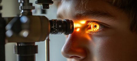 Close Up Of Boy s Eye Exam With Bright Light, Sharp Focus On Pupil, Professional Medical Settingの素材