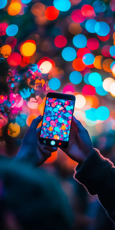 Live Music Streaming Hand Holds Smartphone Capturing Colorful Stage Lights in Dark Concert Hallの素材