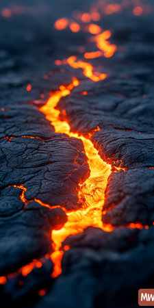 Molten Lava Cracks in Solidified Black Volcanic Rock, Bright Orange Lava, High Contrastの素材