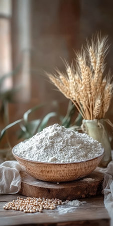 A Rustic Bowl Overflowing with Flour, Adorned with Grains and Wheat Stalks on a Wooden Tableの素材