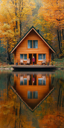 Tranquil Autumn Getaway Cozy Lakeside Cabin Nestled Amidst Vibrant Foliage Reflectionの素材