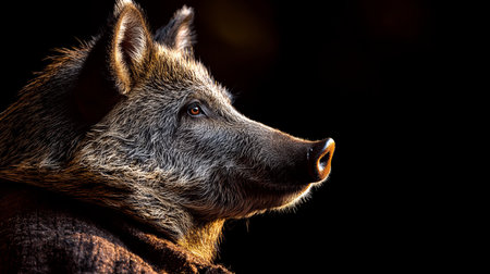 Portrait of a Majestic Wild Boar Dramatic Close-Up in Golden Light Against a Black Backgroundの素材