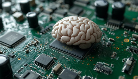 AI Brain Chip on Motherboard Futuristic Technology and Artificial Intelligence Conceptの素材