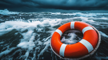 Hope Floats A Life Preserver Adrift in a Stormy Ocean, a Symbol of Rescue and Survivalの素材