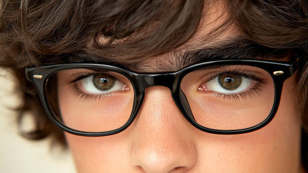 Close-up Portrait of a Young Man Wearing Stylish Black Eyeglasses, Fashionable Eyewear Conceptの素材