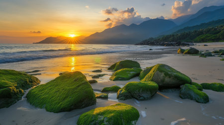 Golden Sunrise, Tropical Beach, Mossy Rocks, Tranquil Waves, Majestic Mountains, Vietnamの素材