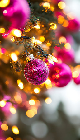 Christmas Tree Decorated with Pink Ornaments and Golden Lights, Festive Holiday Background.の素材