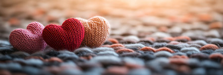 Handmade Knitted Hearts for Valentine s Day, Love, Romance on a Soft Cozy Background, Close Upの素材