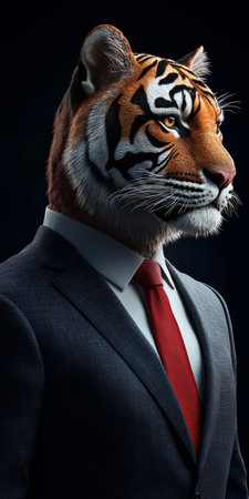 Tiger in Suit, Animal Human Hybrid Portrait on Dark Background, Wildlife Business Conceptの素材