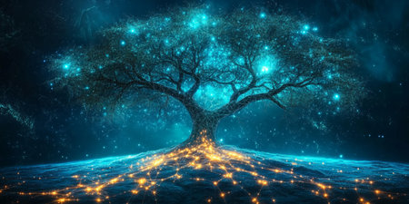 Glowing Tree of Life Mystical Illumination of a Single Tree with Digitally Enhanced Rootsの素材