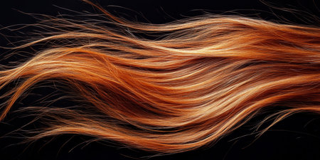 Flowing strands of shiny, wavy hair in rich shades of brown and auburn against a black background.の素材