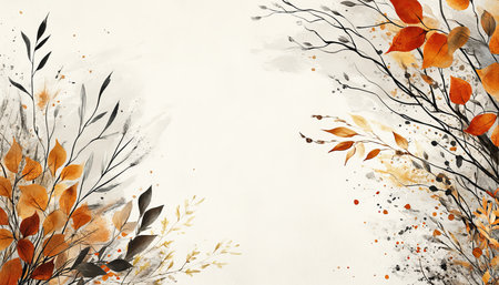 Minimalist Autumn, Watercolor Floral Design, Beige Background, Leaves, Branches, Delicate Floralsの素材