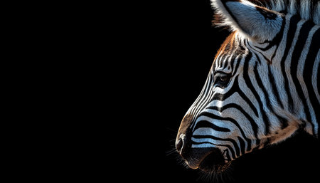 Zebra Headshot on Black Background, Wildlife Portrait, Animal Themes, Black and White Stripesの素材