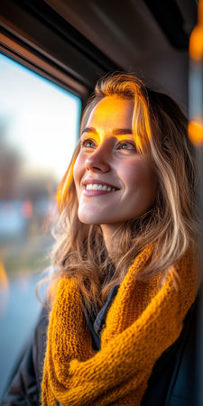 Golden Hour Commute A Young Woman s Joyful Reflection On A City Bus, Bathed In Cinematic Light.の素材