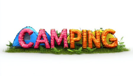 Vibrant CAMPING Text Embellished with Natural Textures and Tents, Isolated on White Backgroundの素材
