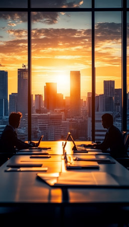 Silhouettes of business people working on laptops in a modern office, panoramic city view at sunsetの素材