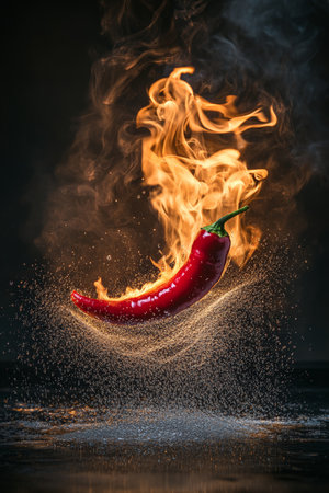 Red hot chili pepper on fire, food levitation spice, intense hot vibrate colors, dark background.の素材
