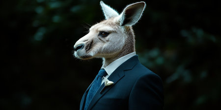Anthropomorphic Kangaroo in Suit, Profile on Dark Background, Animal Human Blend, Conceptual Artの素材
