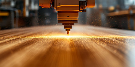 Industrial CNC Router in Action on Wood Surface, Sparks Flying, Manufacturing Processの素材