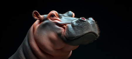 Close-Up Portrait of a Hippopotamus Head and Shoulders Set Against a Dramatic Black Backgroundの素材