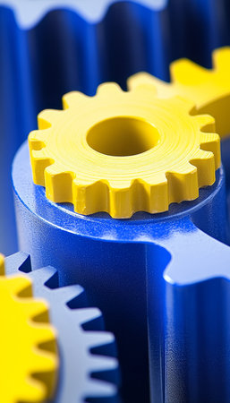 Blue And Yellow Gears Mesh Together In Industrial Motion Blur, Concept of Manufacturingの素材