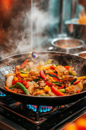 Sizzling Asian Stir Fry Colorful Vegetables Cooking on a Hot Stove Top in Restaurant Kitchenの素材