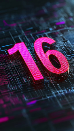 Number 16 in Striking 3D on an Abstract Technology Background, Perfect for Digital Conceptsの素材