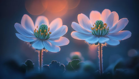 Pair of Delicate White Wildflowers, Soft Background, Dreamy Atmosphere With Blurred Bokehの素材