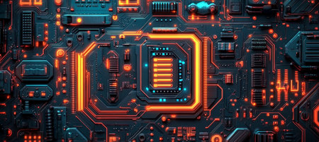 Intricate Electronic Circuit Board with Glowing Pathways, a Futuristic Technology Backgroundの素材